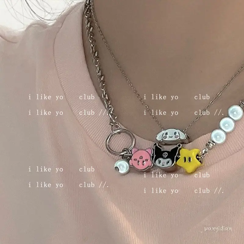 

Sanrio My Melody Kuromi мультяшное жемчужное ожерелье милая и крутая креативная цепочка до ключиц с блестками двухслойный подарок для мальчика и дево...