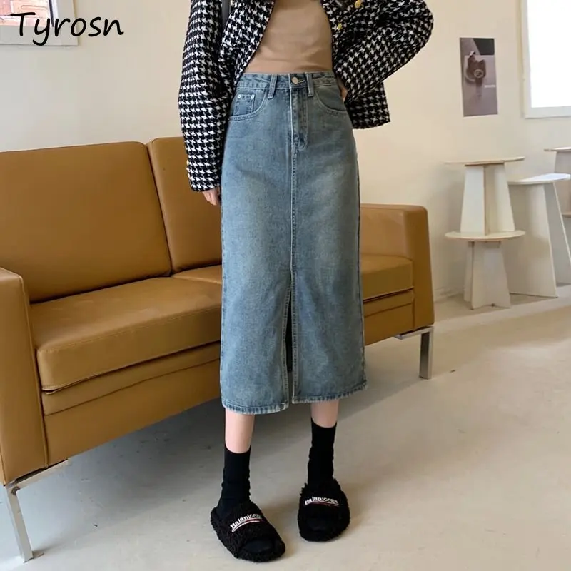 

Юбка женская джинсовая средней длины, элегантная однотонная трапециевидная юбка из денима в стиле ретро, с разрезом, с завышенной талией, в Корейском стиле, для отдыха, на лето