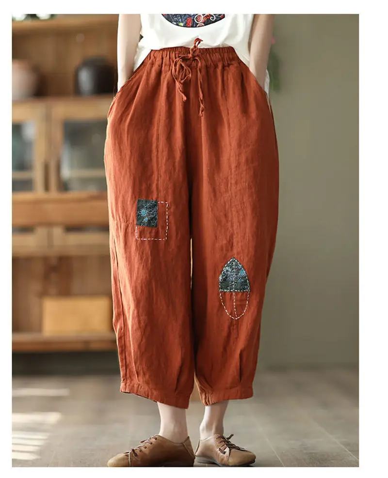 

Брюки женские из хлопка и льна, универсальные свободные тонкие повседневные однотонные шаровары в стиле ретро, с вышивкой, H1148