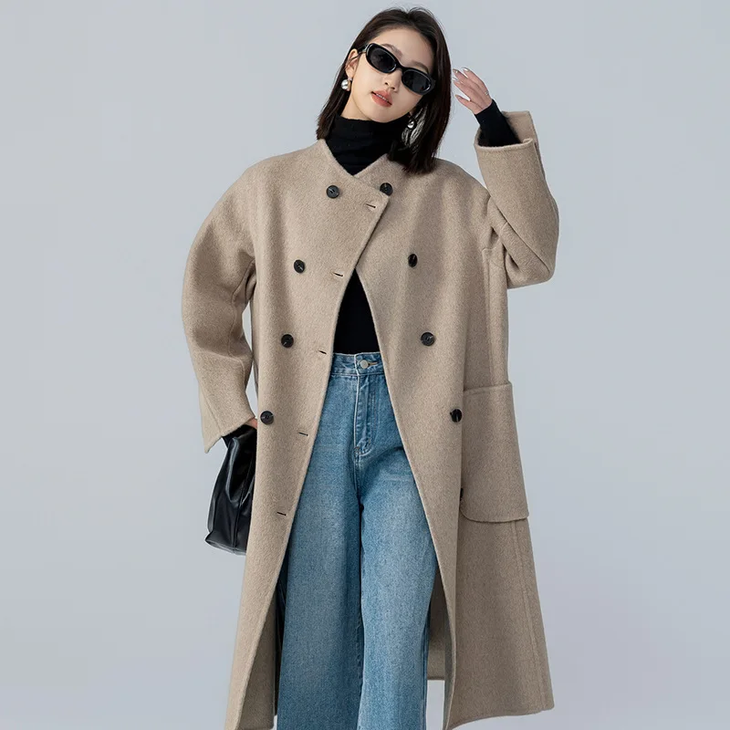 

Korean version camel velvet double-sided woolen coat Women's long lazy style round neck woolen coat New woolen coat