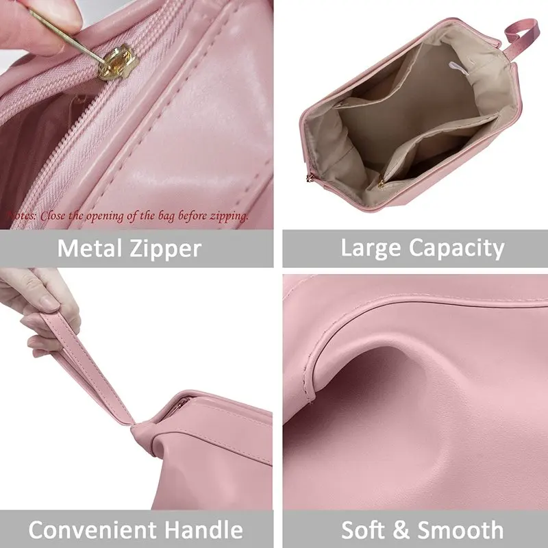 Makeup Bag, Large Capacity Travel Cosmetic Bag, PU  Zipper Pouch Toiletry Organizer for Travel, Business Trips and Daily Use (Pi