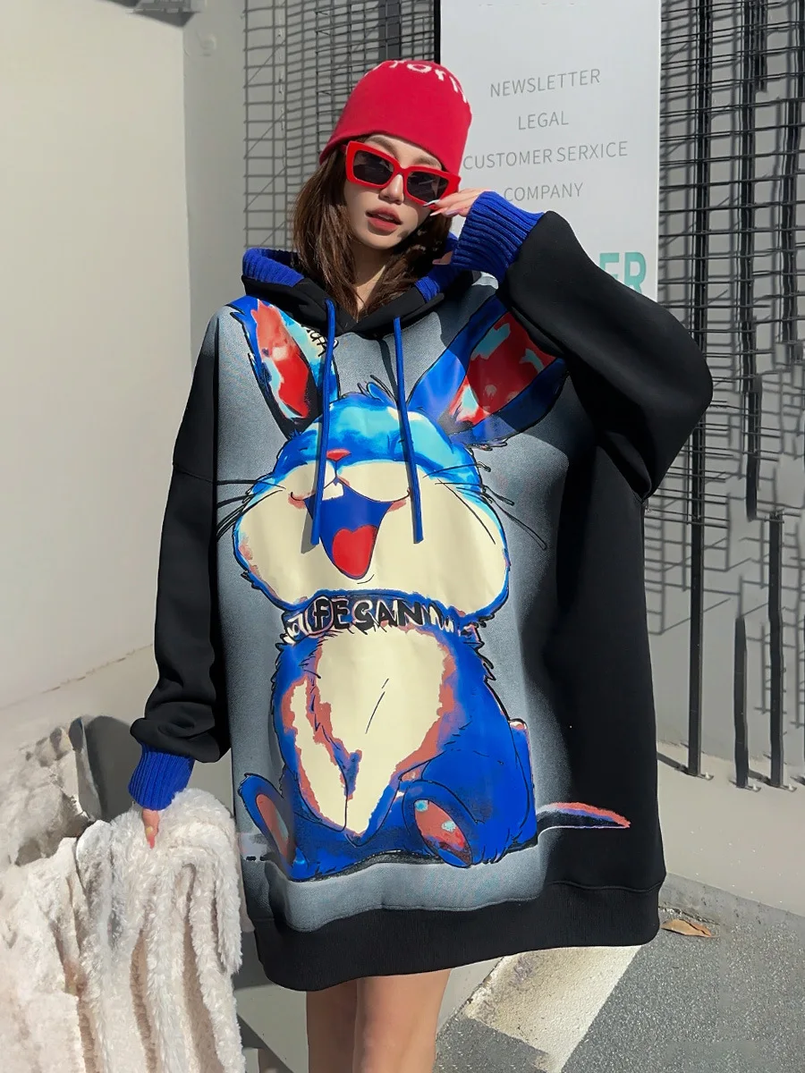 Длинный свитер с капюшоном большого размера рисунком кролика женские топы