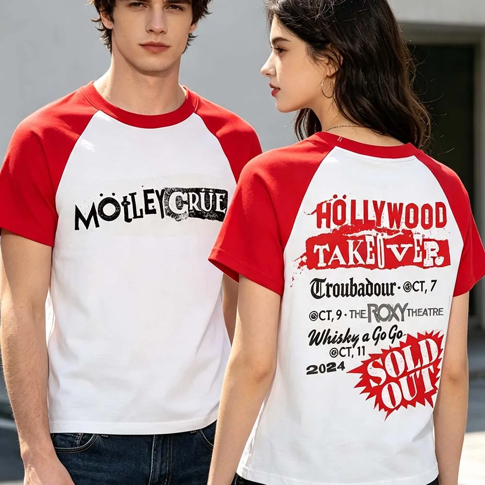 Фото Футболка Höllywood Takeöver Crop Raglan Tee Motley Crue MÖTLEY CRÜE с круглым вырезом, свободного кроя, летняя, унисекс, уличная одежда, с графическим принтом, мерч-топ №1