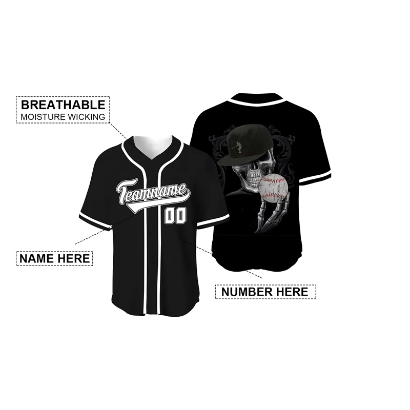 Черная футболка с черепом бейсбольная версия ретро джерси индивидуальная