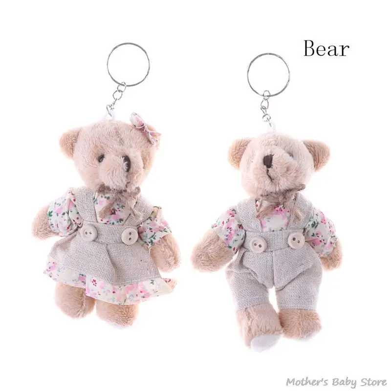 11cm Couple Floral Cloth Teddy Bear Rabbit Bunny Dolls Key Bag Pendants Couple Bear Rabbit Plush Keychain Lovers Gift