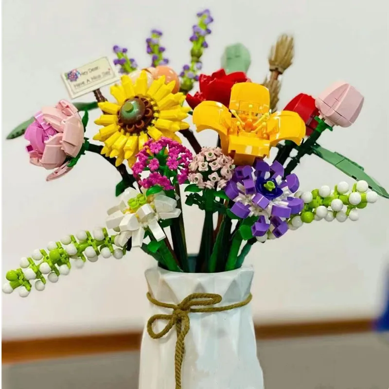 Technische Ideen Blumen Bouquet Bausteine Moc Romantische Rose Blume Ziegel Hause Dekoration Diy Spielzeug Für Mädchen Geburtstag Geschenk