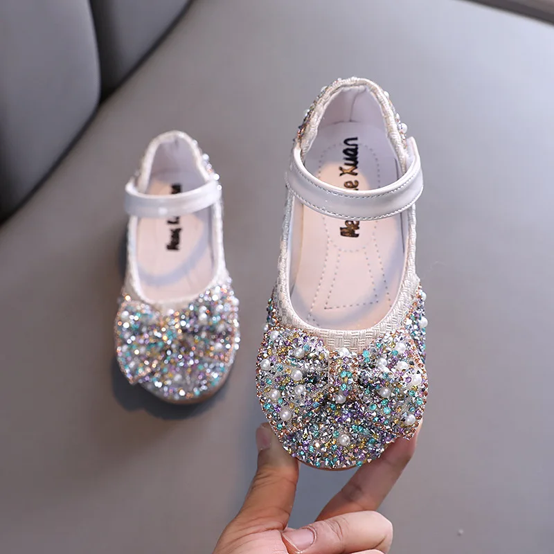 

Kids Girls Shoes Color Sequins Rhinestone 2022 Little Girl Shoes Kids Bowtie Princess Shoes Children Dancing Show Flats Shoes