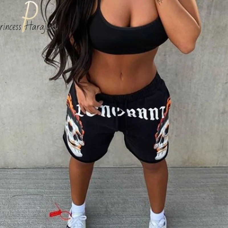 

Женские повседневные шорты на шнуровке, свободные летние шорты с высокой талией и принтом черепа, уличные крутые шорты в стиле панк для фитнеса в стиле хип-хоп