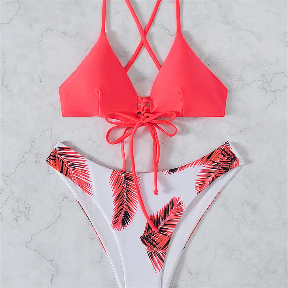 

Sexy Bikini Strap Cross Straps Ladies Summer Swimwear Pink Swimsuit Set