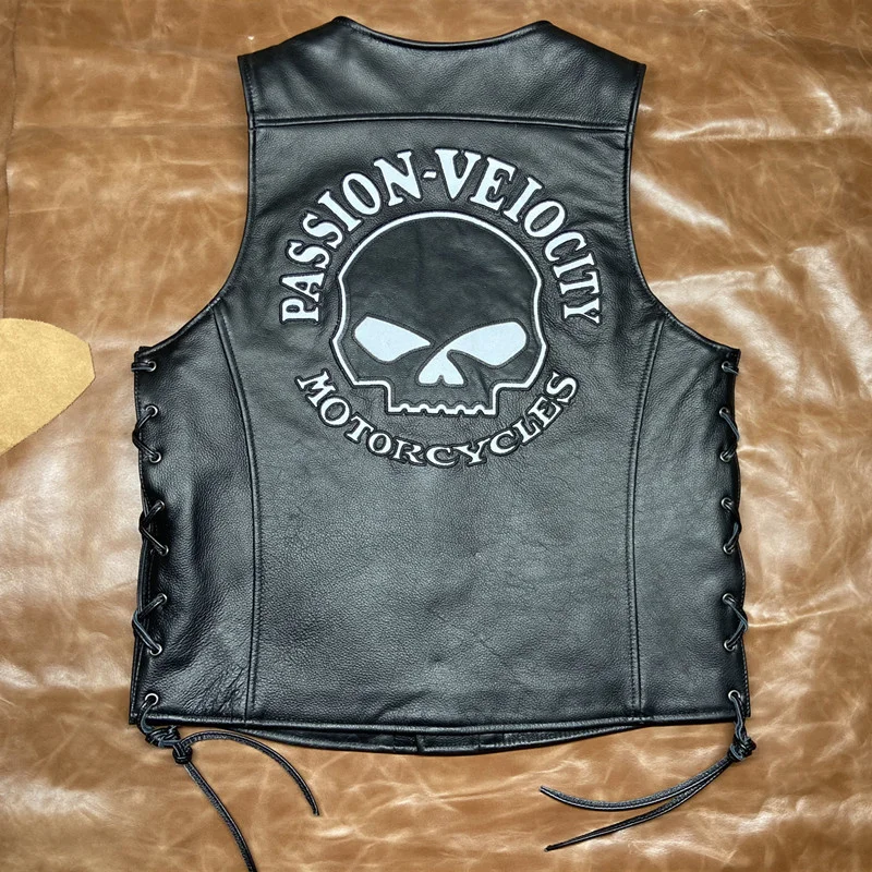 

New Men Cowhide Vintage Jacket Genuine Leather Thick Motorcycle Vest Locomotive Enthusiasts Skull Embroidery