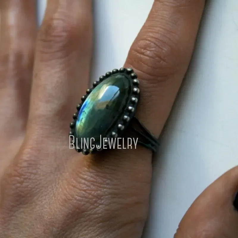 Женское коктейльное кольцо из нержавеющей стали с радужным лабрадоритом и