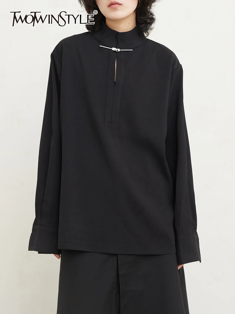 

TWOTWINSTYLE Solid Minimalist Shirt For Women Stand Collar Long Sleeve Patchwork Button Vintage Casual Blouse Female Clothes New