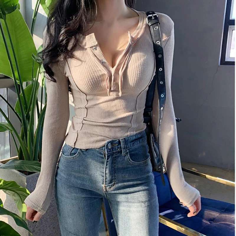 

2021 New Spring Autumn Korean Slim Women's T-Shirt Half-Open Collar Threaded Long Sleeve Tops Tee Shirt Femme Camisetas De Mujer