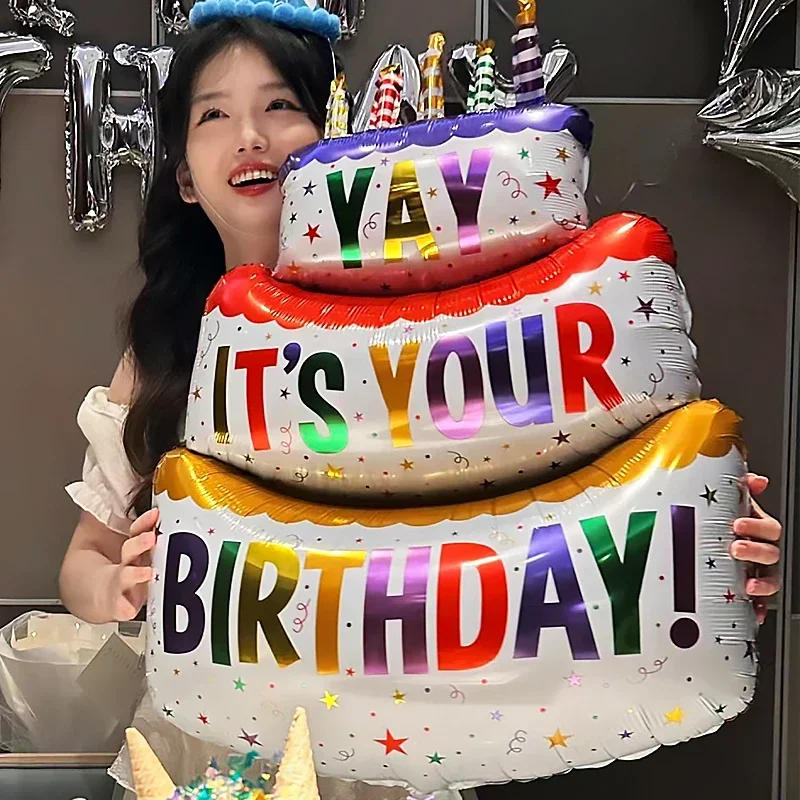 

Large Happy Birthday Cake Balloons 3-Layer Color Candles Cakes Balloons Bear Cake Ballon for Baby Shower Party Decoration Globos
