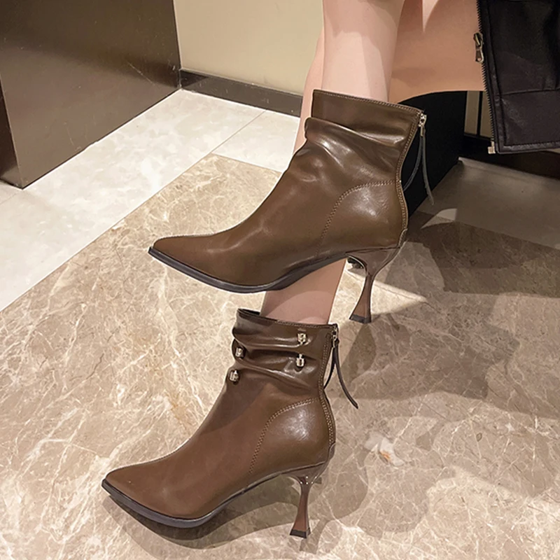 Женские плиссированные ботильоны на высоком каблуке пикантная модная обувь с