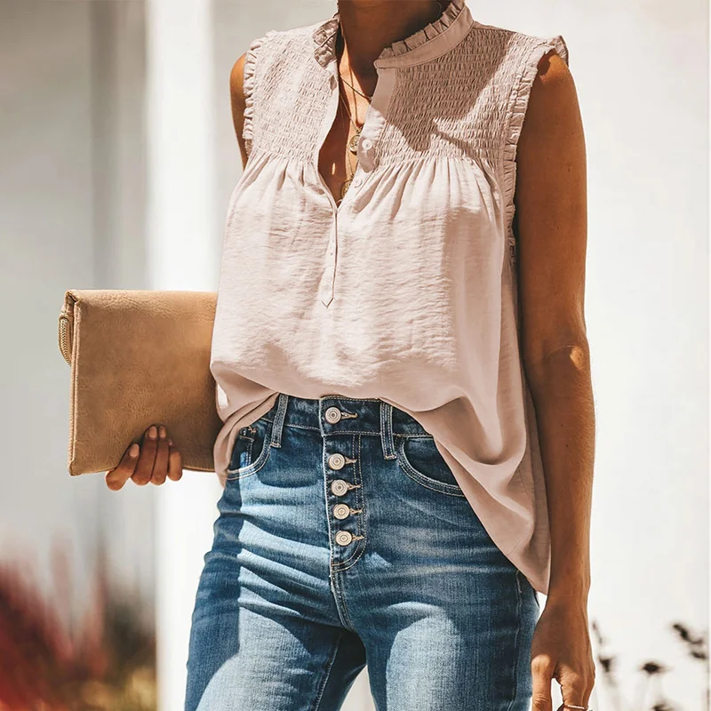 

2022 Simple Style Summer Sexy V-neck Sleeveless Pleated Tops Women Solid Loose Ruffle Chiffon Vests For Ladies