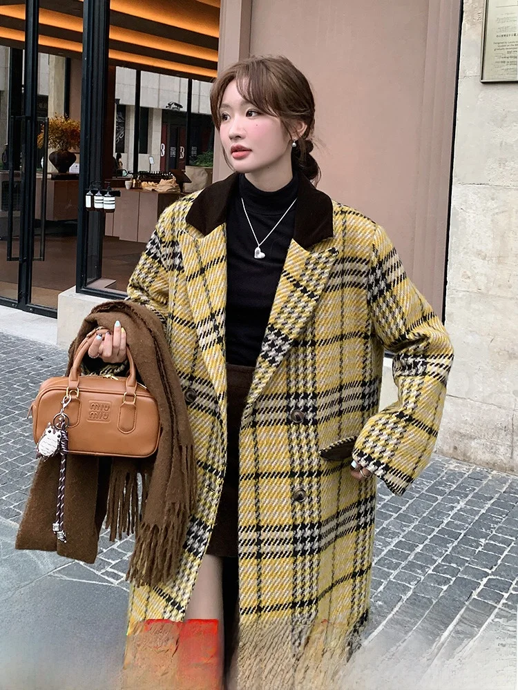 Super Nice Yellow Plaid Suit Woolen Thick Coat Women Autumn and Winter 2024 New Korean Series Mid-Length