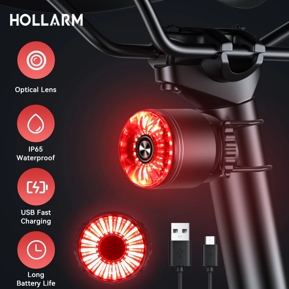 Hollarm Bicycle Smart Brake Tail Light IP65 Waterproof Type-C Charge Headlight Lights Warning Taillight LED Rear Lamp