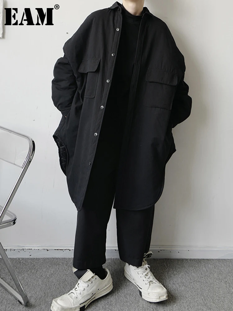

[EAM] Black Big Size Long Cotton-padded Coat Long Sleeve Loose Fit Women Parkas Fashion Tide New Autumn Winter 2023 1DF2446