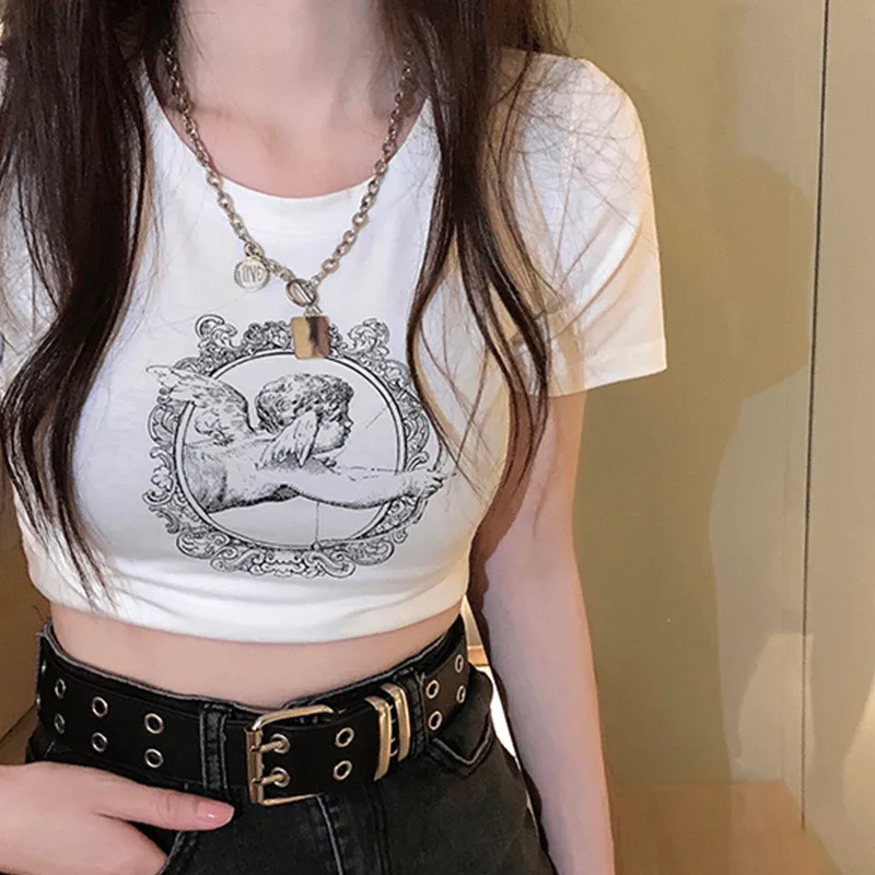 

2000s Women's Cute Aesthetic Cut Top Angel Print T-shirt Harajuku Street Clothing Summer Cute Baby T-shirt Y2K Slim Fit ShortTop