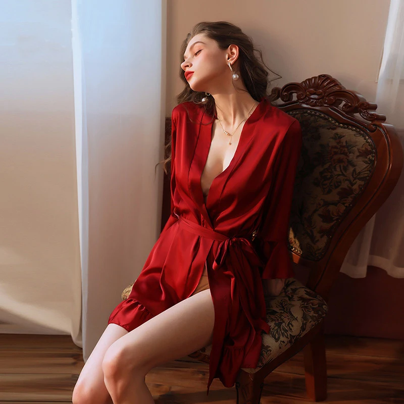 

Temptation Private Room Sexy Pajamas Pure Desire Simulation Silk Lotus Leaf Cuff Cardigan Robe Nightgown Tie