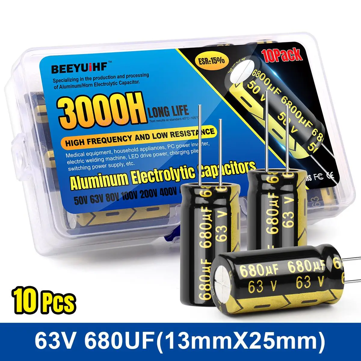 

10Pcs 680UF JCCON Aluminum Electrolytic Capacitor Kit 63V680UF 13x25 High Frequency Low ESR Capacitors Assortment Box Kits