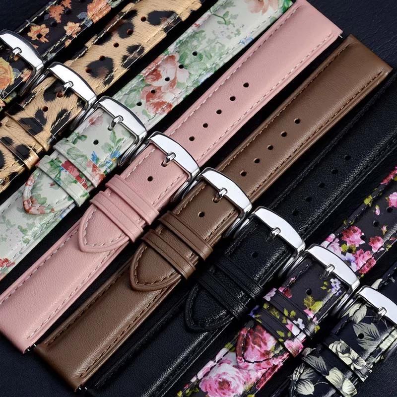 WOCCI Flower Watch Band Genuine Leather 18mm 20mm 22mm Strap Bracelet for Women Quick Release Bracelet Polished Stainless Buckle