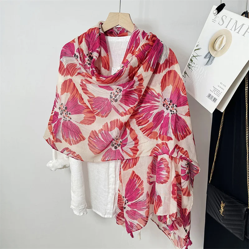 Осень 2024 модная вискозная шаль с кисточками и цветами мака женский шарф