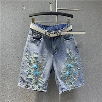 straight leg pants 2022 new summer shorts beaded blue rhinestone flower casual cropped pants hot girl streetwear jeans for women