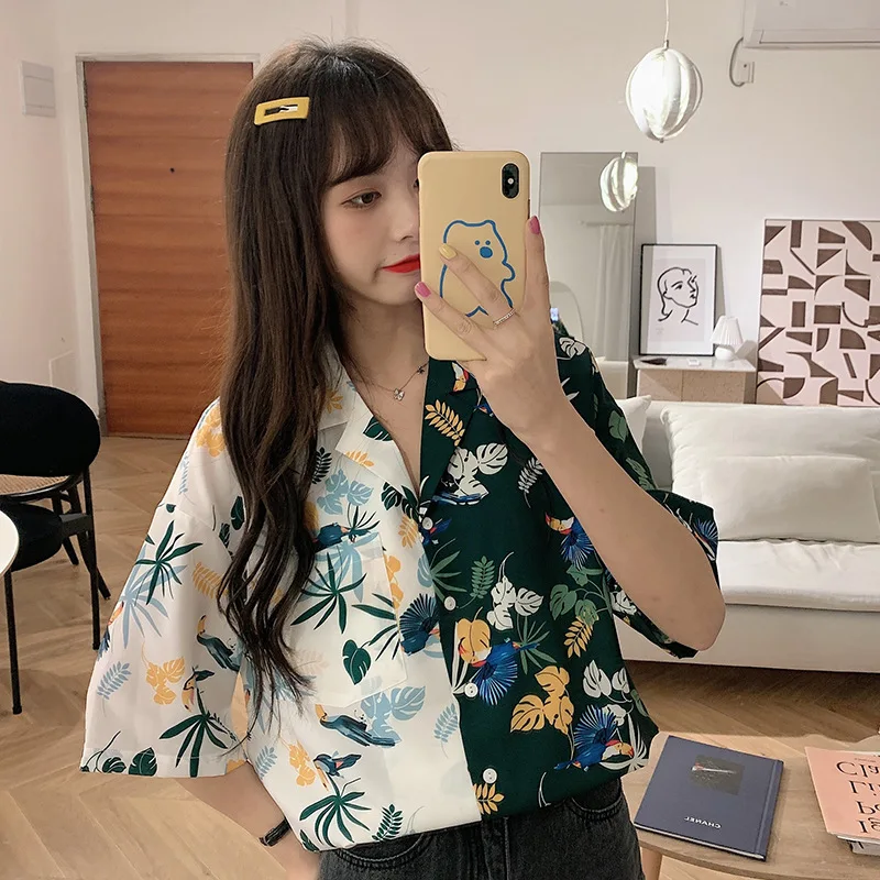 

Blouse Women POLO Collar Chiffon Shirt Student Cardigan College Style Printing Single-breasted Short Sleeve Summer Tenafeicc