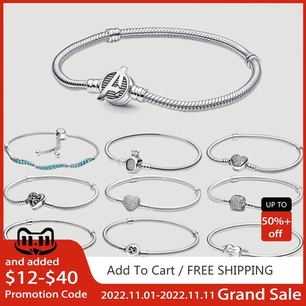 

Charms Plata Original 925 Sterling Solid Silver Bracelet Heart A Letter Cuff Chain Sparkling Blue Disc Clasp Snake Women Jewelry