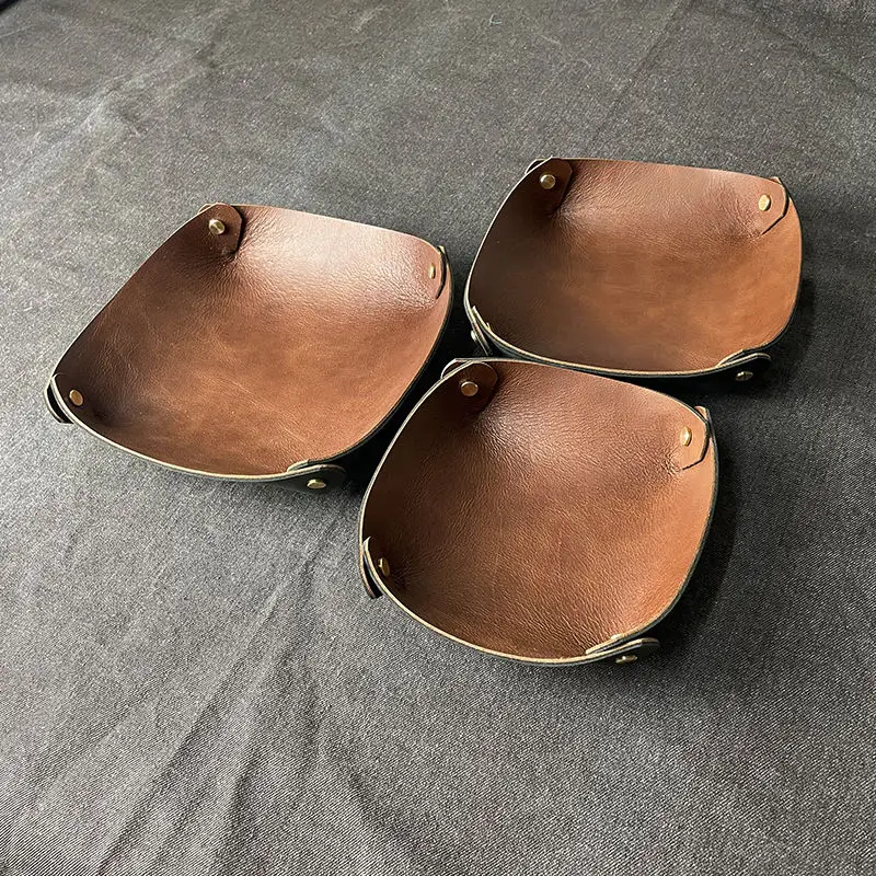 

Genuine Leather Square Storage Tray Dual Leather Key Plate Wallet Coins Storage Box Desktop Sundries Organizer Home Decoration