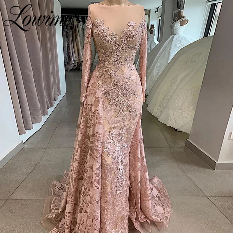 

Lowime Pink Evening Dresses Long Sleeves Women Plus Size Elegant Beaded Applique Lace Party Dress For Wedding Mermaid Prom Gown