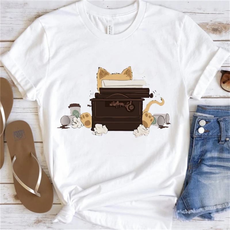 

Cute Women'S Casual Short Sleeved T-Shirt Clothing Pattern T-Shirt Cat Cute Fashion Women'S Printing Summer White T-Shirt.