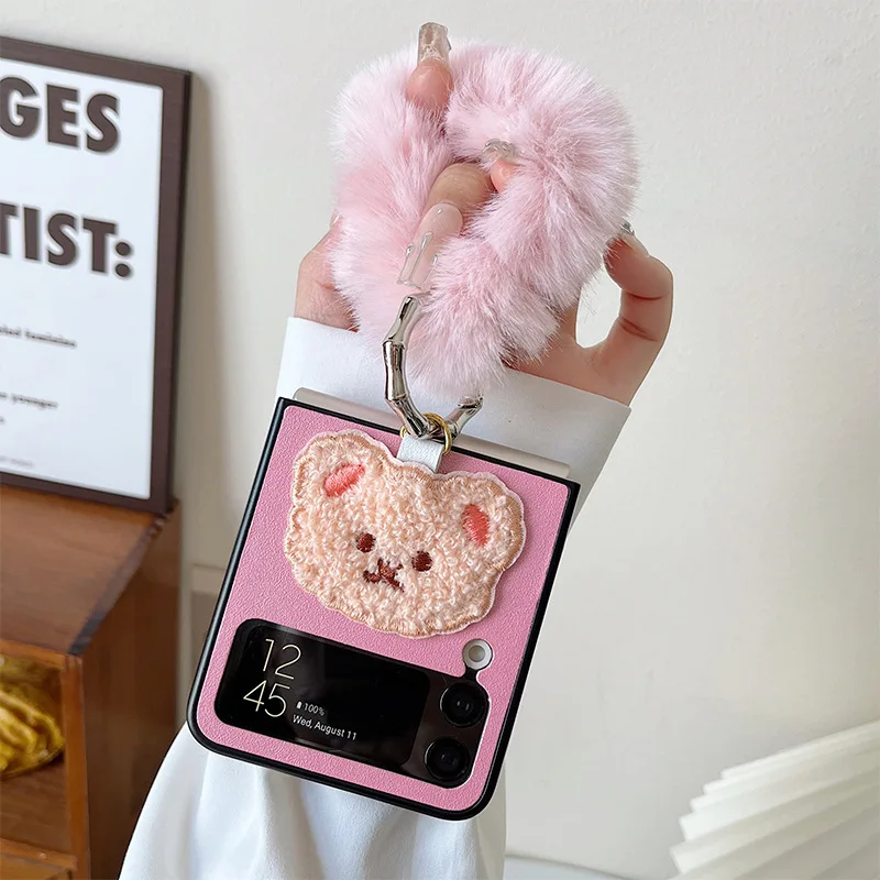 

for Samsung Z Flip 4 Case Cute Bear Portable Plush Bracelet PU Leather Phone Cover For Galaxy Z Flip 3 5G zflip3 Hard PC Back
