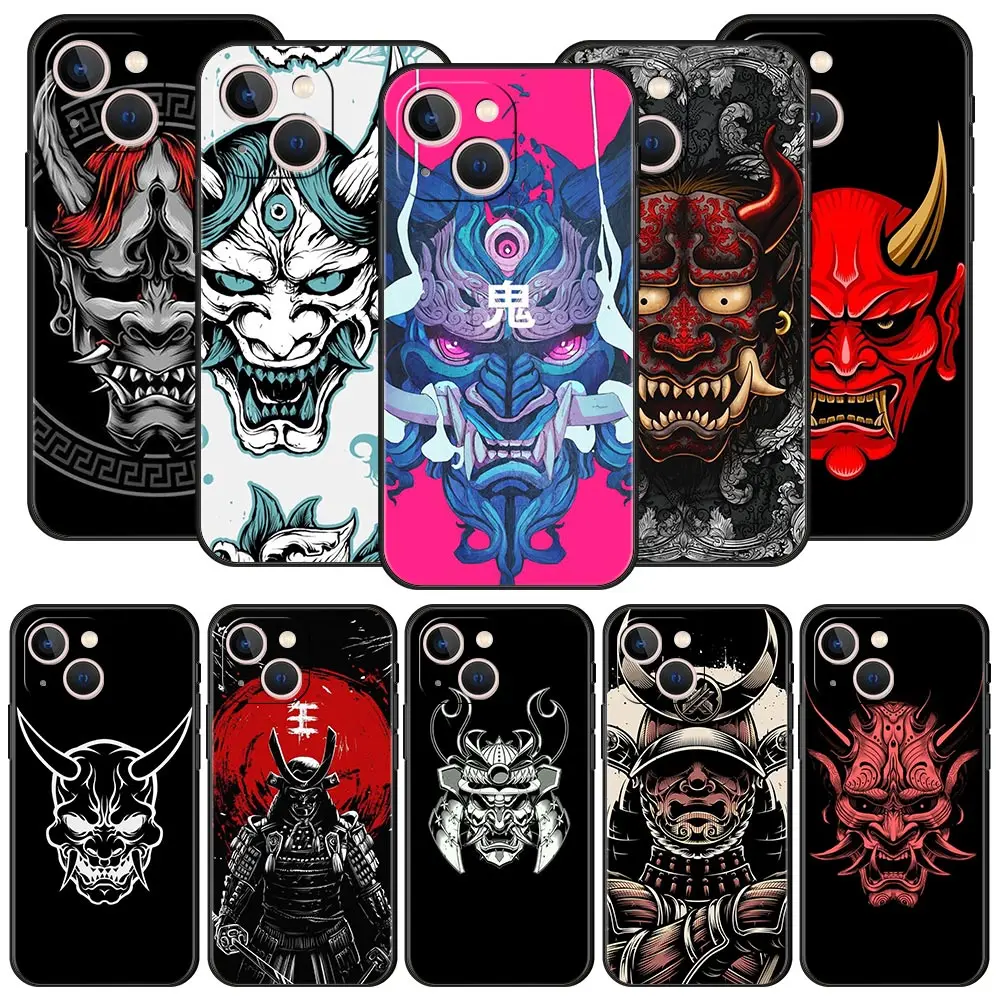 

Funny Samurai Oni Mask Phone Case For Apple iPhone 11 14 Pro MAX 12 13 Mini 7 8 Plus X XR XS MAX SE Silicone Black Cover Luxury