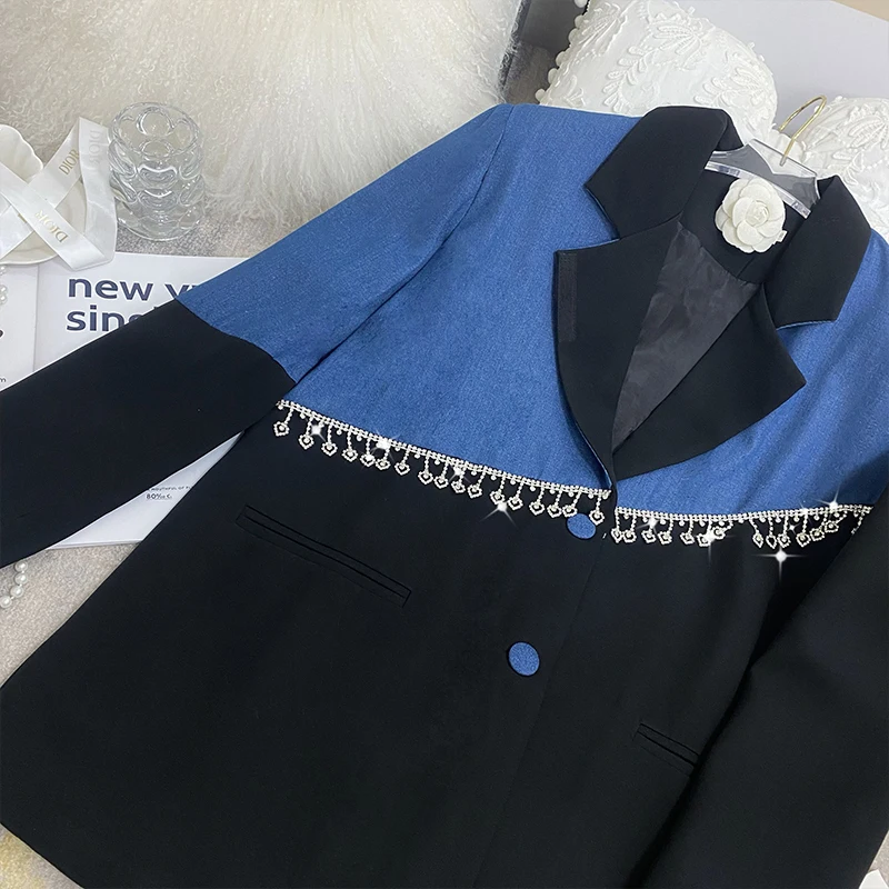 LXUNYI Runway Blazer Jacket Women 2023 Spring Diamond Patchwork Tassls Bling Denim Blazers and Coats Female High Sreetwear