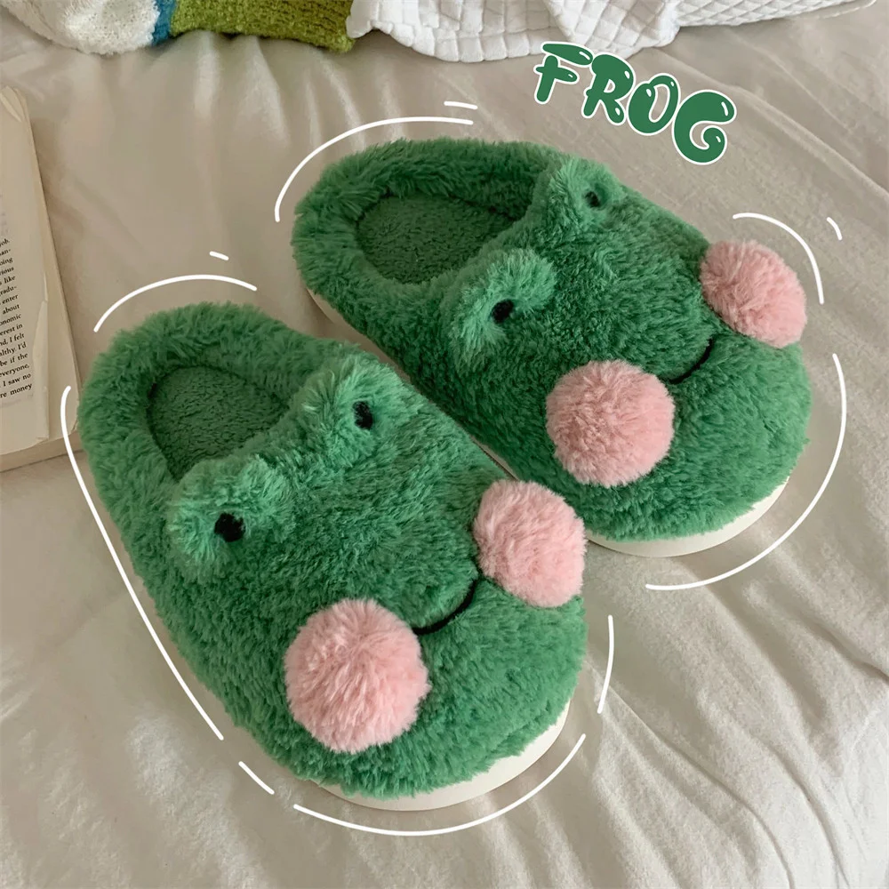 

Funny Couple Lovely Frog Women Cotton Slippers Student Anti Slip Warm Plush Home Slipper Household Shoes Cute Animals Winter