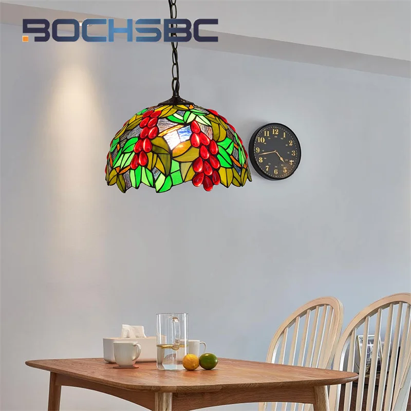 

BOCHSBC Tiffany Pastoral Red grape chandelier Art Deco Living Room Dining Room Balcony bedroom Stained glass hanging light