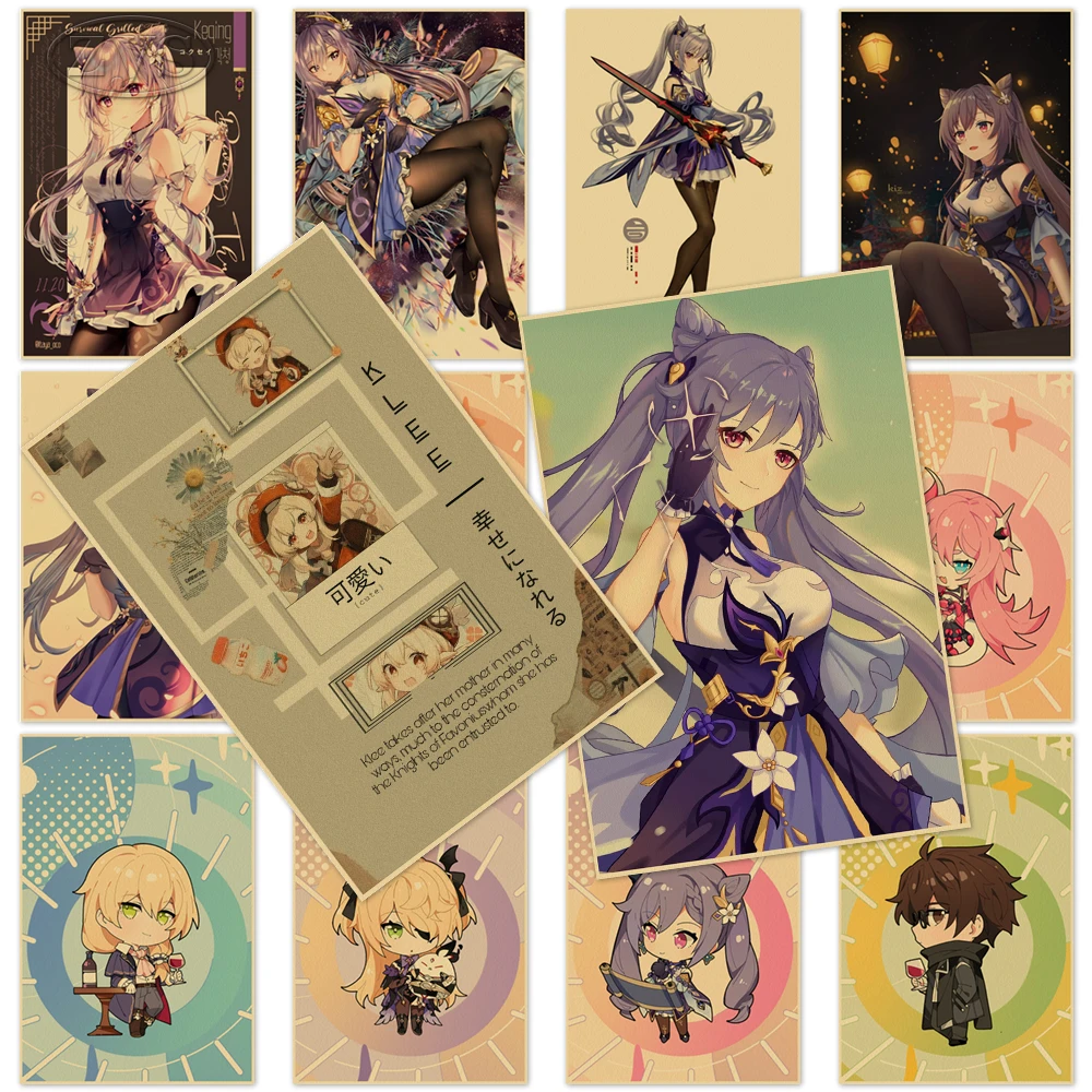 

Game Pint Keqing Poster Painting Genshin Impact Kraft Paper Diona Picture Classic Artwork Mural Boy Bedroom Kids Gift Home Decor