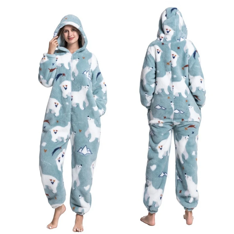 

One-Piece Korean Hood Pijamas Women Cute Homewear Adult Winter Thicken Jumpsuit Pajamas Fleece Sleepwear Cartoon Print Pyjamas