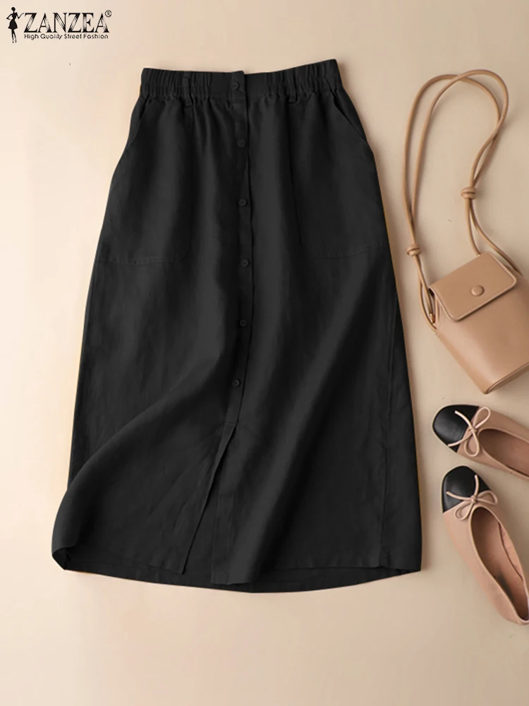 

ZANZEA Women Elastic Waist Faldas 2023 Summer Pockets Straight Skirt Solid Color Everyday Jupes Fashion Cotton Casual Skirts