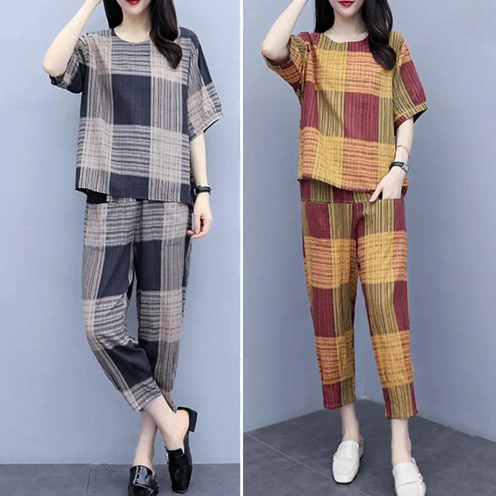 

2 Pcs/Set Women Tracksuit Set Casual O Neck Short Sleeve Pullover Elastic Waists Summer Trouser Set ensemble femme 2 pièces
