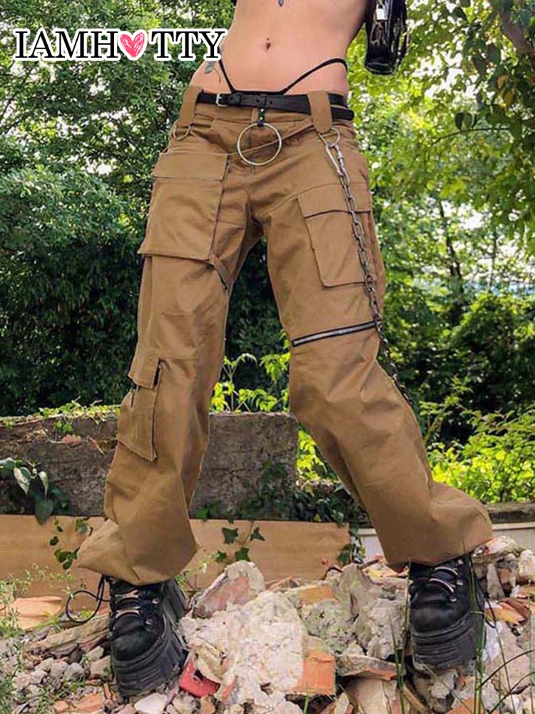 

Брюки-карго IAMHOTTY с большими карманами, винтажные повседневные Прямые джоггеры с широкими штанинами, спортивные брюки, уличная одежда Y2K