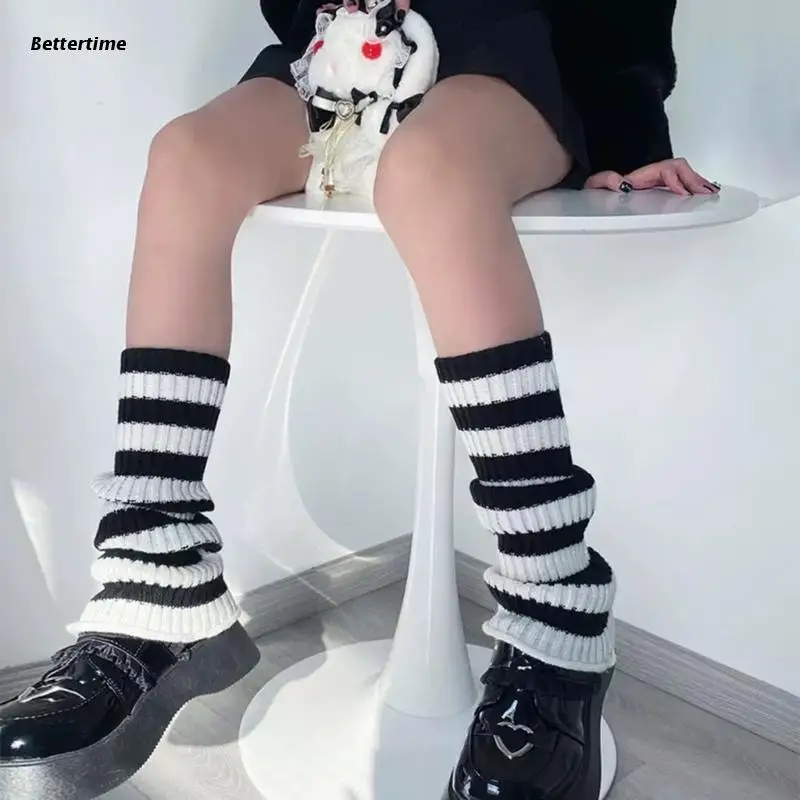 

B36D Женские полосатые теплые длинные носки в стиле Харадзюку студенческие ребристые трикотажные эластичные расклешенные чулки для ног улич...