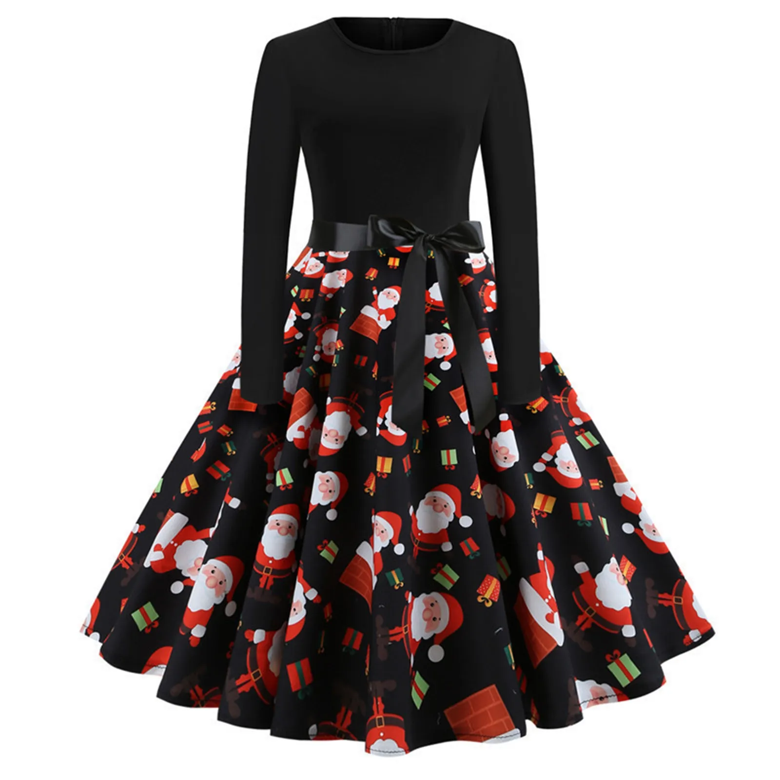 

Women Fashion Christmas Print Dress Round Neck 1950s Housewife Party Dress