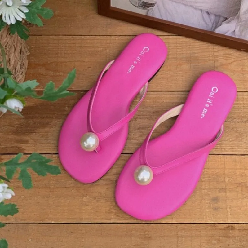 

Шлепанцы женские с жемчугом, повседневные сандалии на плоской подошве, шлепанцы для дома, пляжные шлепанцы, сланцы, лето 2023