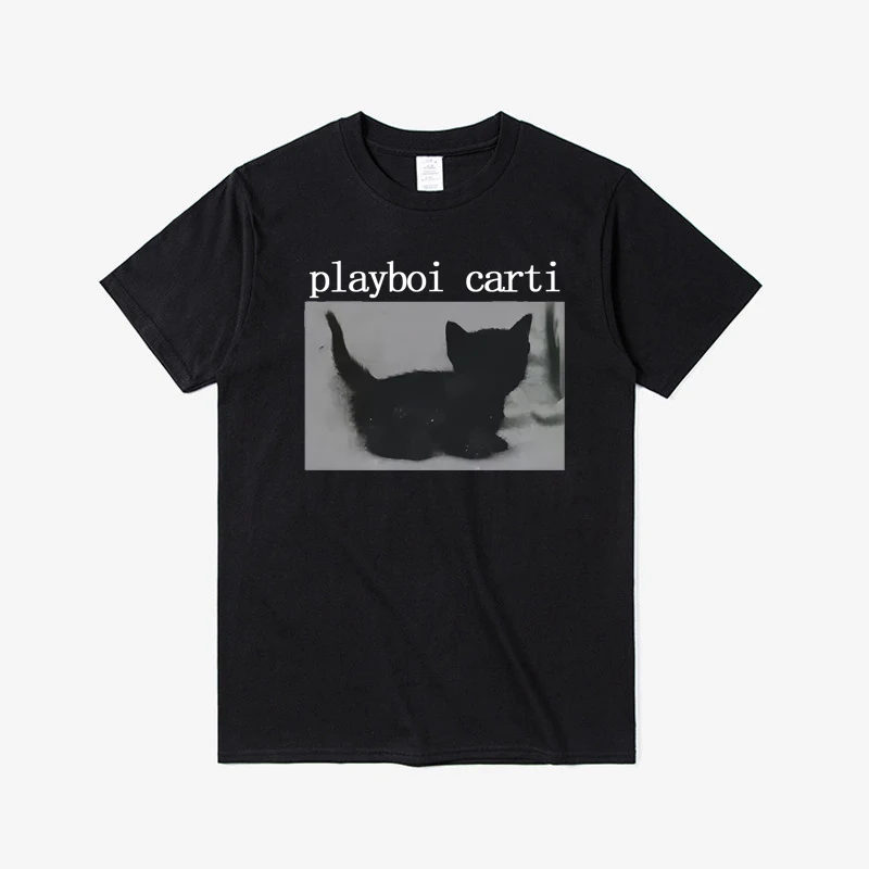 Фото Playboi Carti большие футболки в стиле хип-хоп с милым котом в стиле Харадзюку, футболка с принтом, обычные мужские топы, качественная футболка-репер 80031 №1