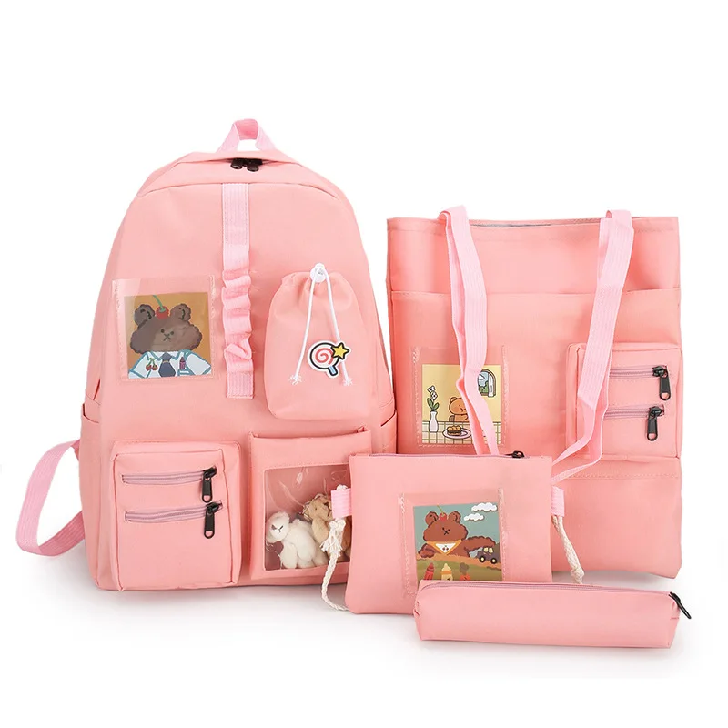 4 Pcs Set Harajuku Women Laptop Backpack Canvas School Bags For Teenage Girls Kawaii College Student Kids Book Bag Rucksack 2022
