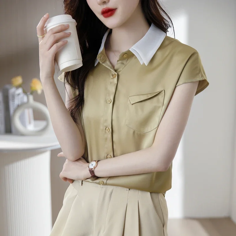 

2023 Poplin Women's Blouse Summer Splicing Shirt Grace Fashion Comfort Pocket Slim Short Sleeved Top